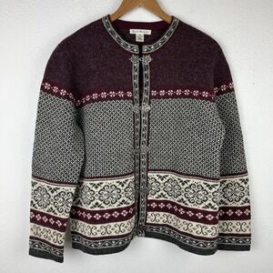 Susan Bristol Medium Wool Cardigan Sweater Nordic Fair Isle Knit Pewter Clasps